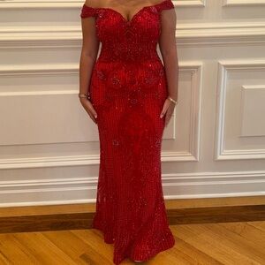 Heavily Beaded Red Custom Made Corset Dress